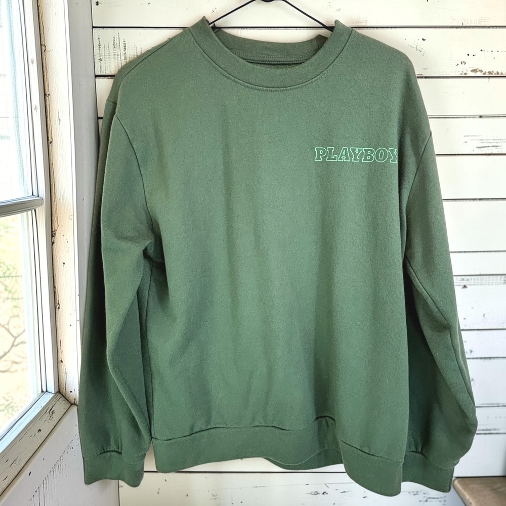 Sweatshirt Playboy L Green Cotton Poly Graphic Logo Crewneck Y2K Aesthetic